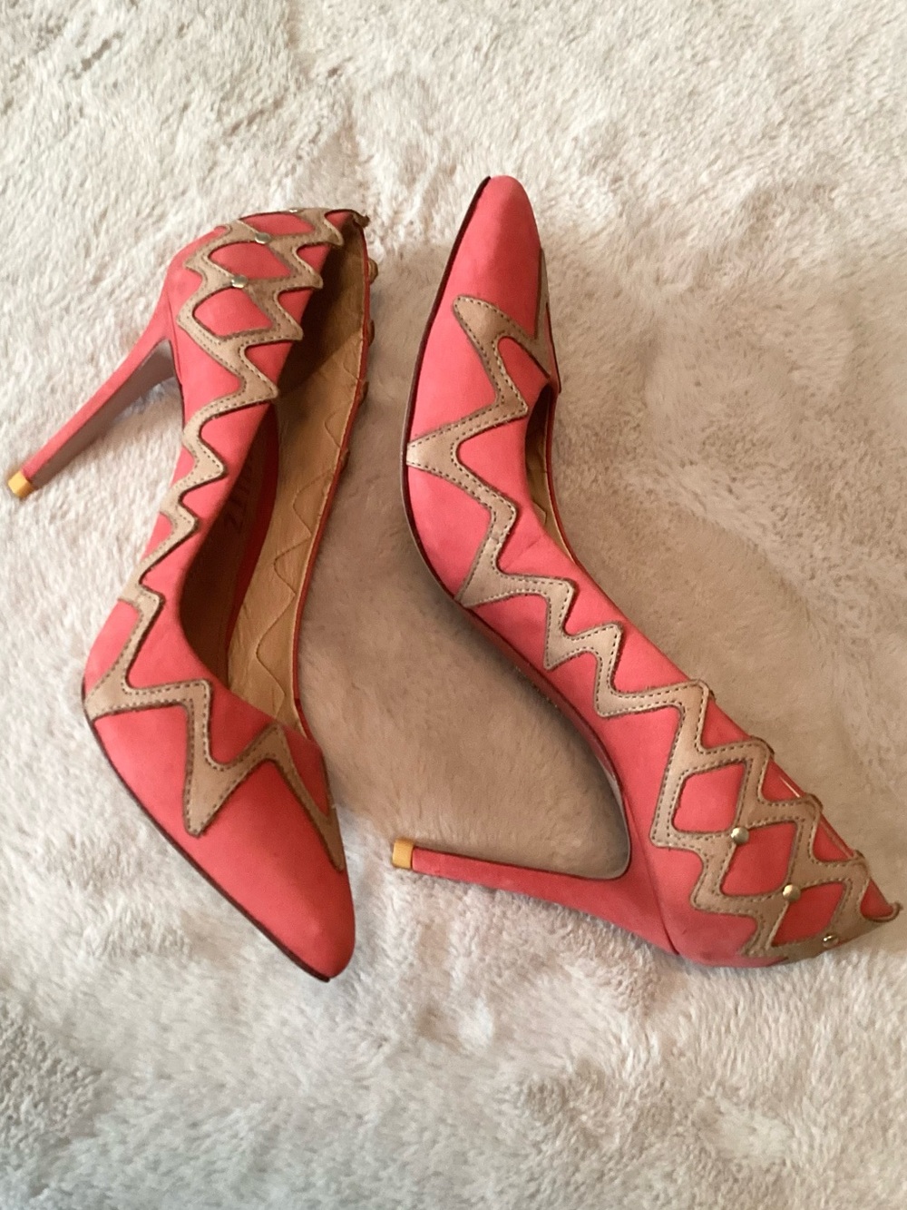 SCHUTZ Coral Pink Pointed-Toe Pumps with Tan Zigzag Trim - Size 6